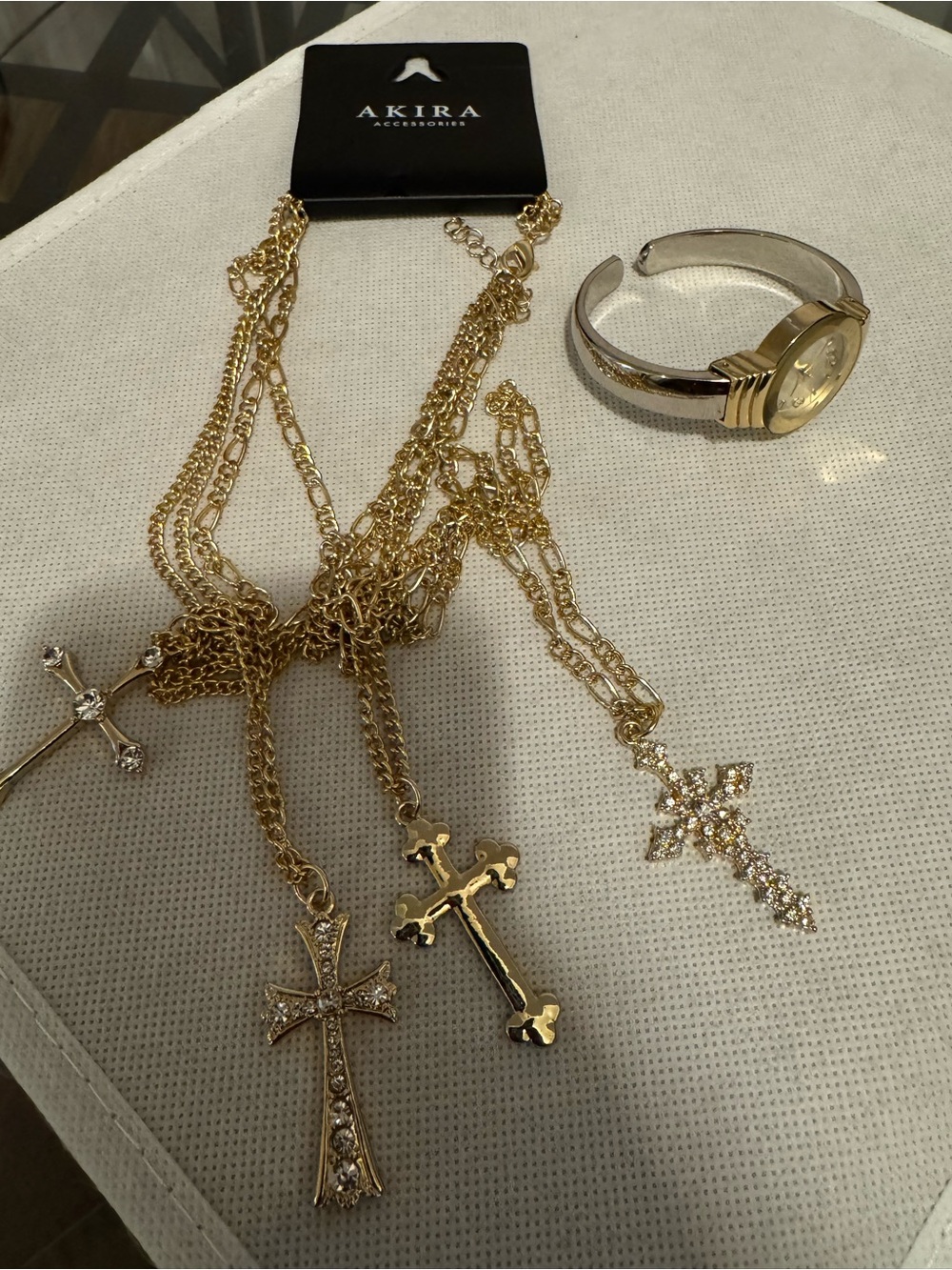 AKIRA Gold-Tone Cross Pendant Layered Necklace Set and Two-tone Watch